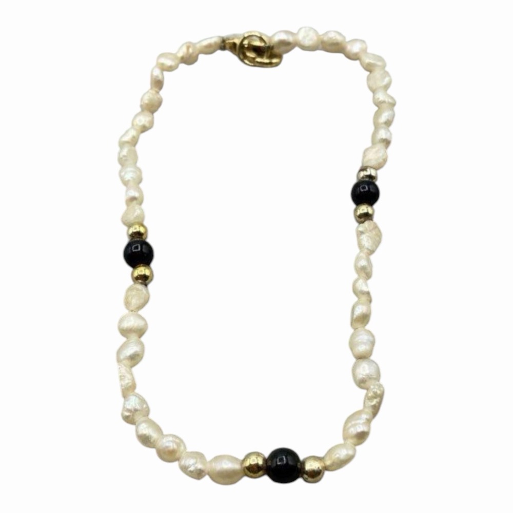 VTG Freshwater Pearl Black Onyx Bracelet 14K Gold Filled Clasp Classic Elegant